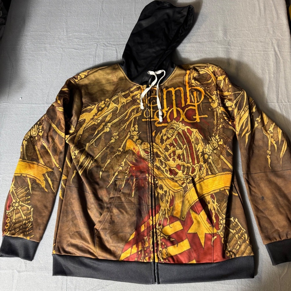 Lamb of‎ God Metal Band Cocert  All Over Print Full Zip Hoodie Brown Gold 3XL